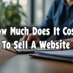 The image shows a calculator and money, illustrating the costs involved in selling a website.