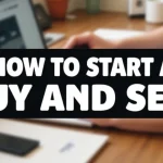 The image shows a person using a laptop to set up a website for buying and selling online.