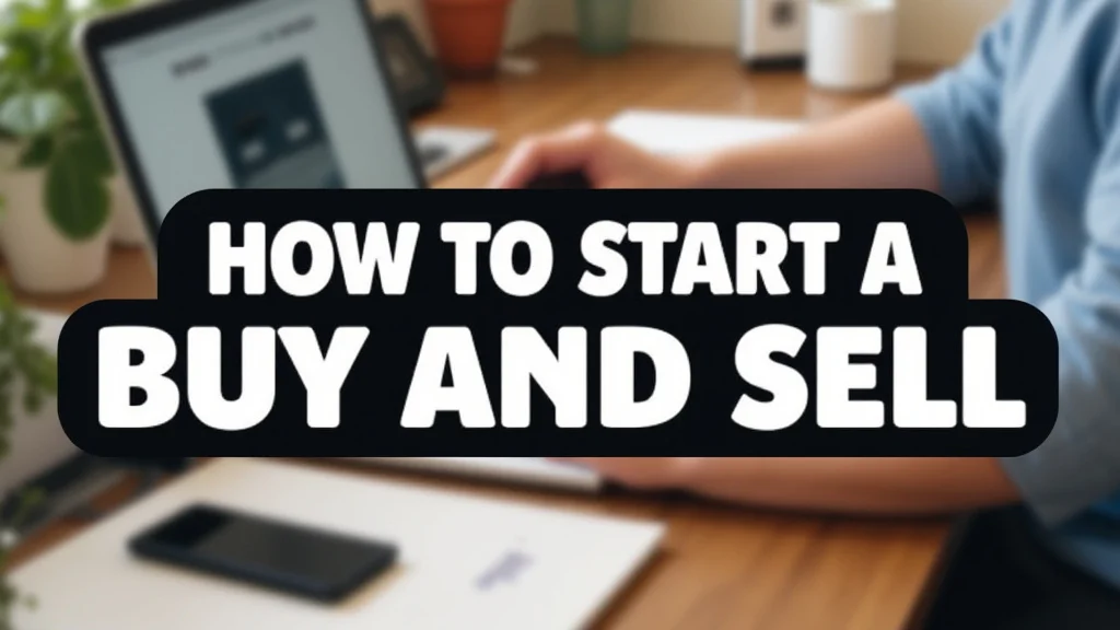 The image shows a person using a laptop to set up a website for buying and selling online.