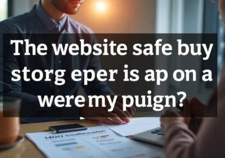 The image shows a person examining a laptop screen displaying a website with safety indicators, relevant to a guide on safe online purchasing.