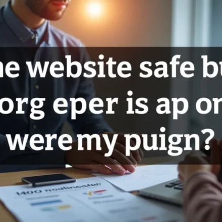 The image shows a person examining a laptop screen displaying a website with safety indicators, relevant to a guide on safe online purchasing.