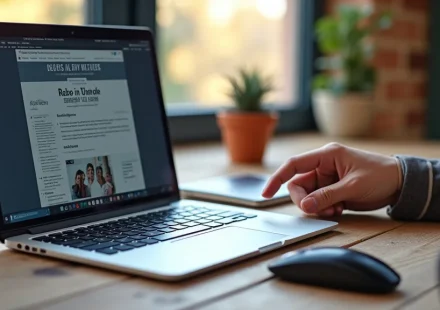 The image shows a person comparing a website design on a laptop to an Etsy shop interface on a tablet.
