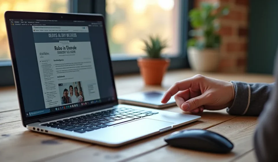 The image shows a person comparing a website design on a laptop to an Etsy shop interface on a tablet.
